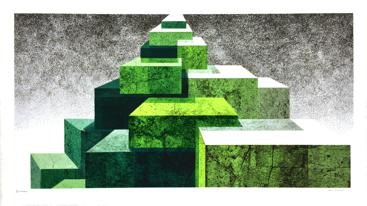 Geometrische scorepanelen met oplopende balken in forest green en dark teal, risograph stijl