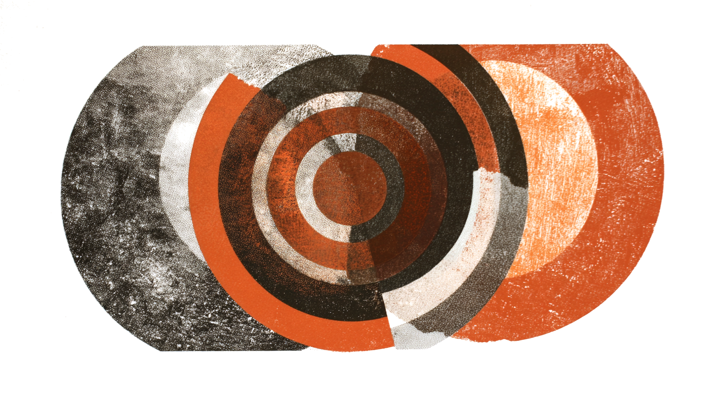 Concentrische cirkels in terracotta roestoranje en houtskool, risograaf stijl, radiale compositie