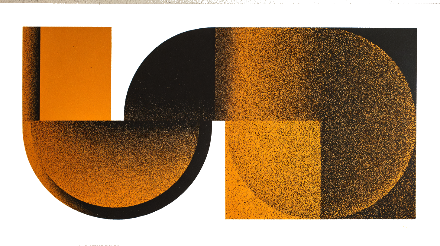Abstracte amber en zwart geometrische vormen, risograaf stijl met halftone grain op witte achtergrond