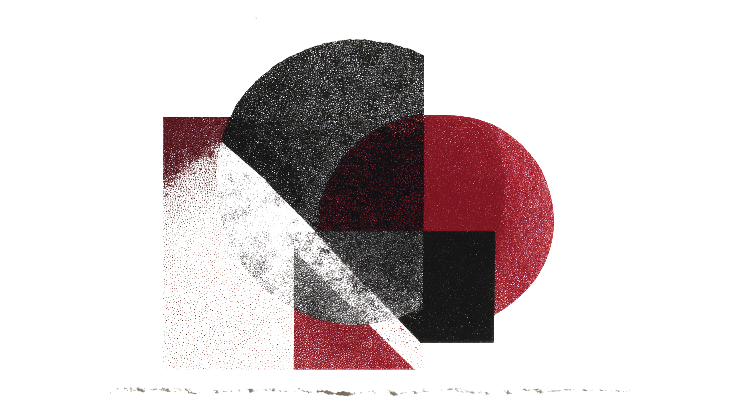 Geometrische compositie met bordeaux en zwarte vlakken op witte achtergrond, risograaf stijl