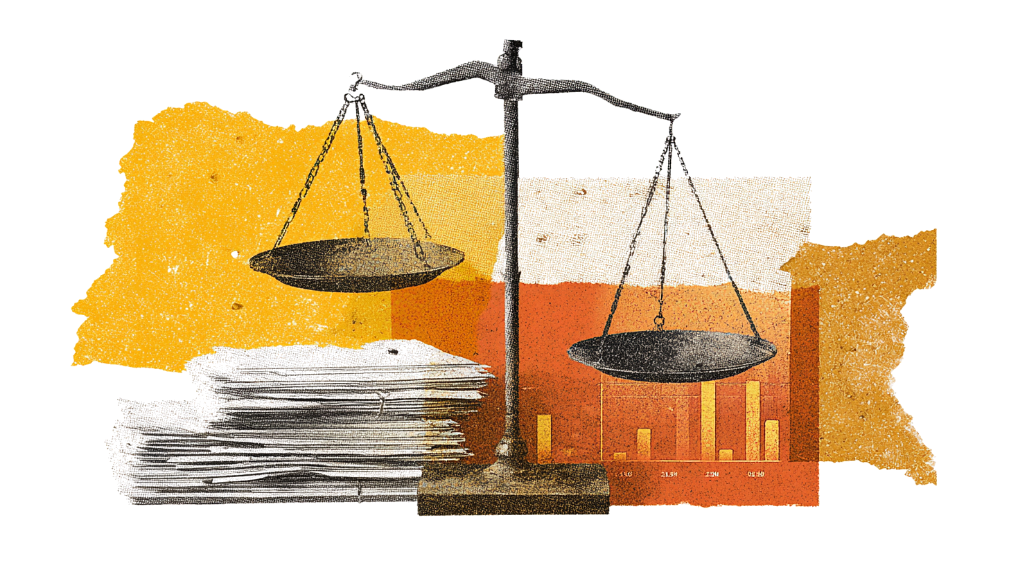 Een stapel overheidscontracten met een weegschaal, risograph collage stijl in deep amber en charcoal tones