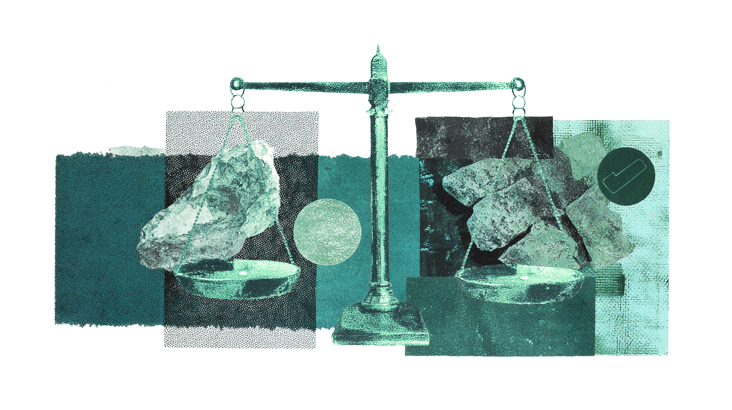 Risograph collage van een weegschaal met ongelijke gewichten, symbolisch voor de balans tussen bonus en malus bij aanbestedingen