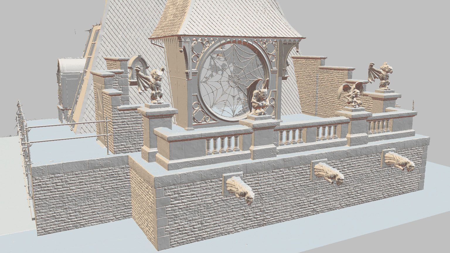 3D model of a gothic-style balcony with gargoyle statues and a large circular window featuring a spider web design.