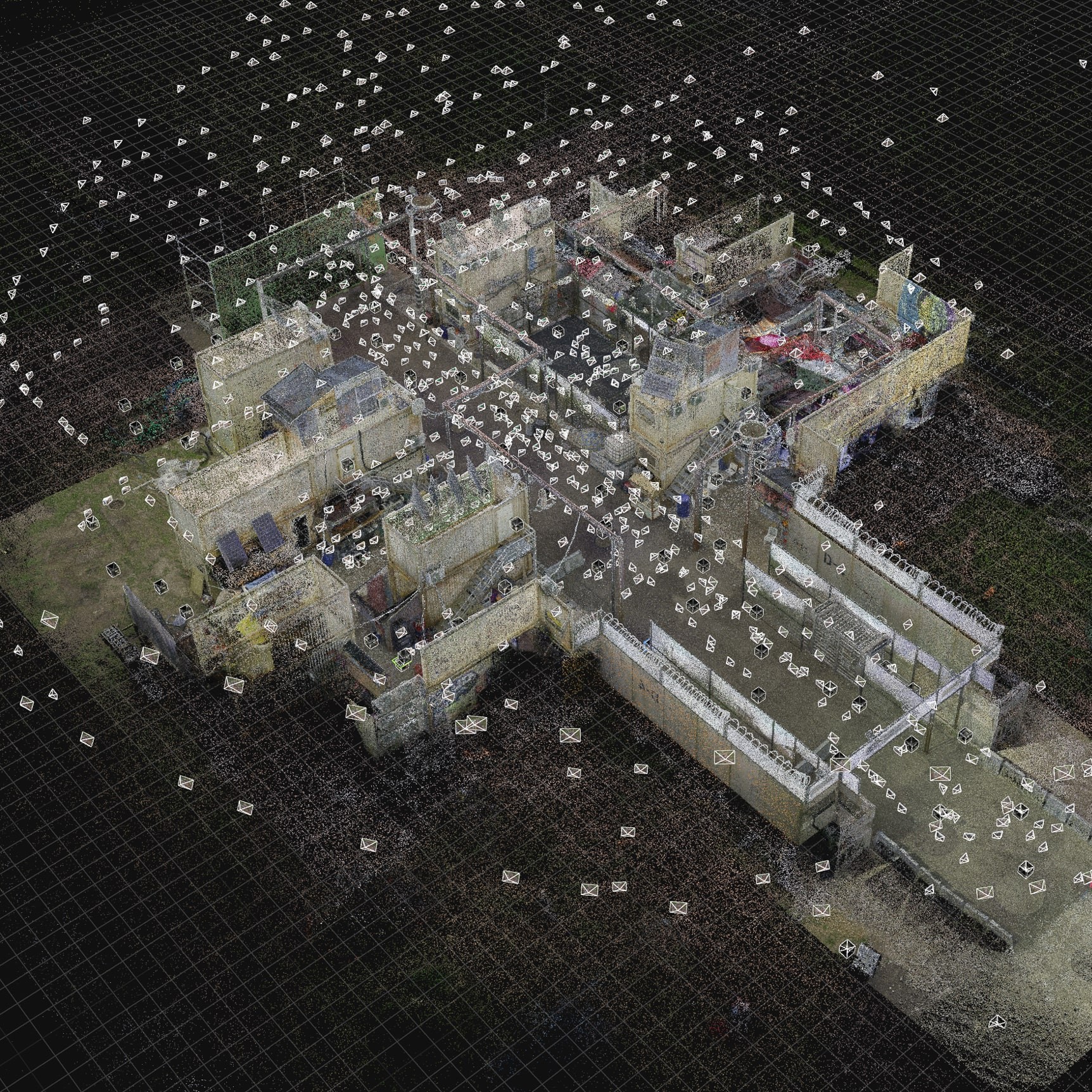 3D point cloud model of a complex building structure with multiple rooms and walls visible on a dark grid background.