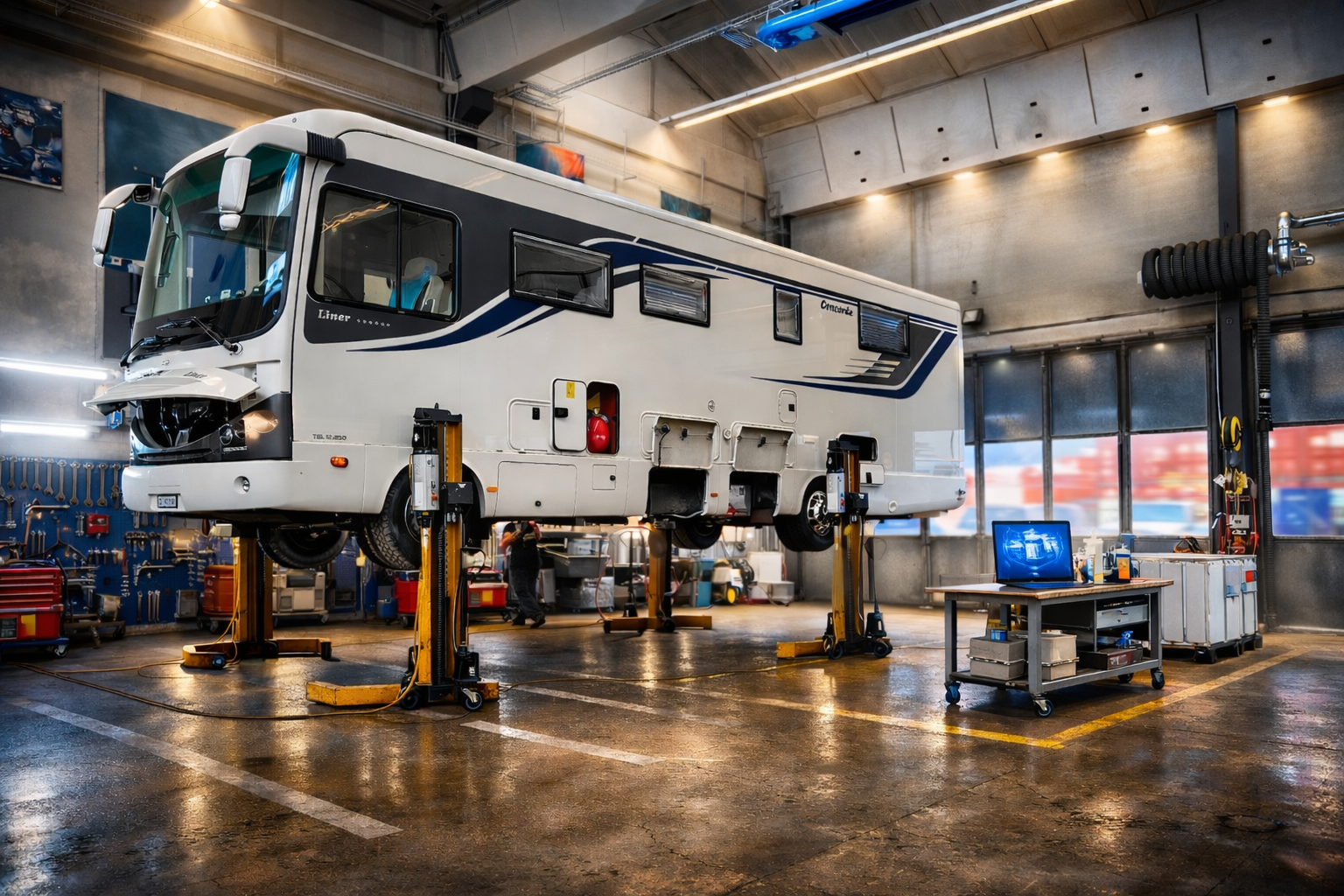 Schwere LKW-Werkstatt in Regensdorf mit grossem Wohnmobil auf LKW-Chassis in der Servicehalle.