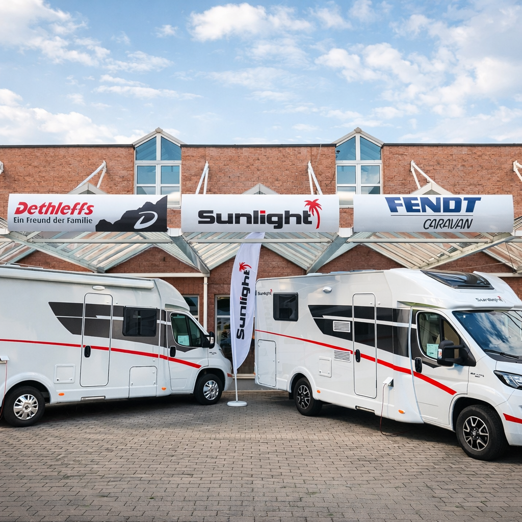 Ausstellung von Wohnmobilen bei Portmann Sport in Dagmersellen mit moderner Caravan Werkstatt im Hintergrund