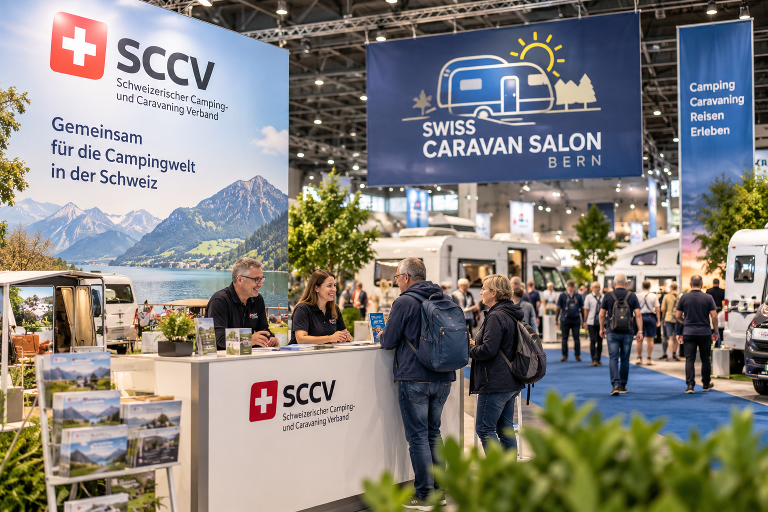 SCCV-Stand am Swiss Caravan Salon in Bern mit Besucherinnen, Besuchern und Wohnmobilen