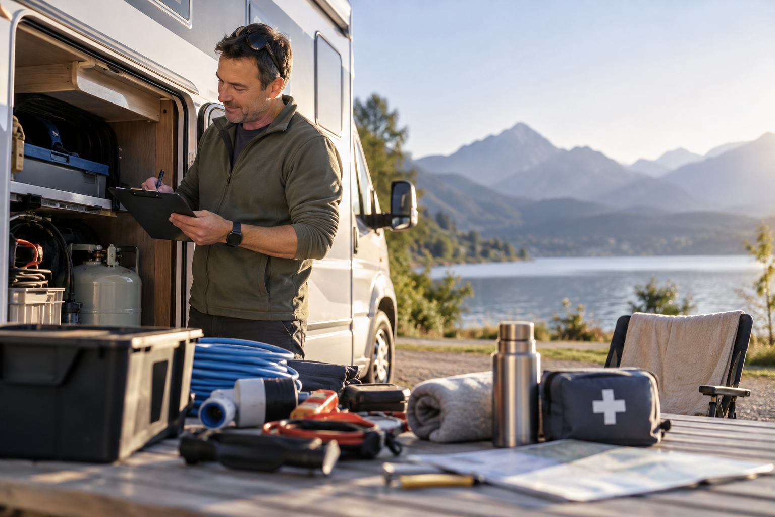 Camper prüft vor der Abfahrt seine Campingausrüstung