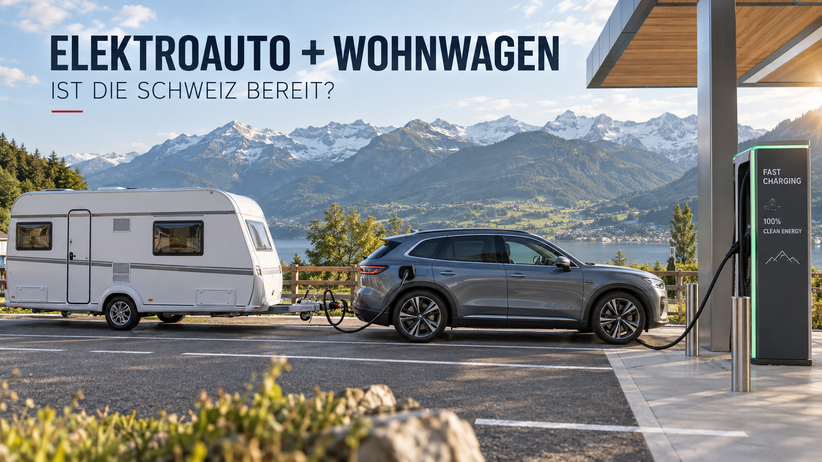 Elektroauto mit angehängtem Wohnwagen an einer modernen Schnellladestation vor Schweizer Berglandschaft