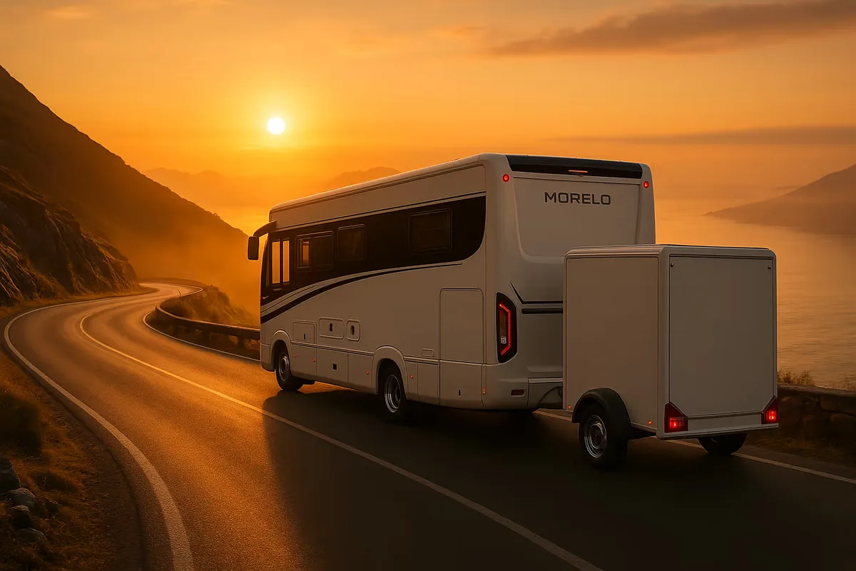 Symbolbild: grosses Wohnmobil mit Anhänger bei Sonnenuntergang