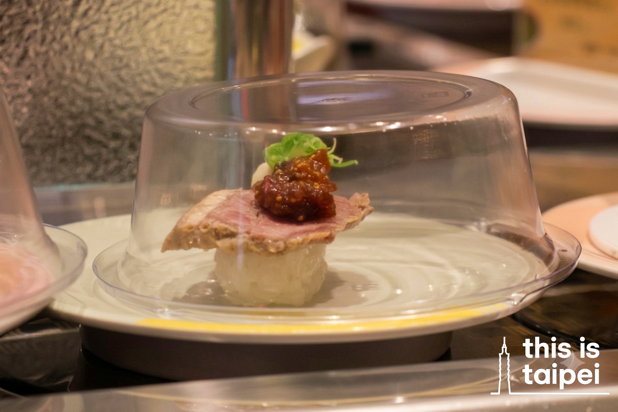 Crab Stick Salad and Beef Nigiri from Sushi Express in Xinyi District. (Photos by PB, August 2026 / © This Is Taipei)