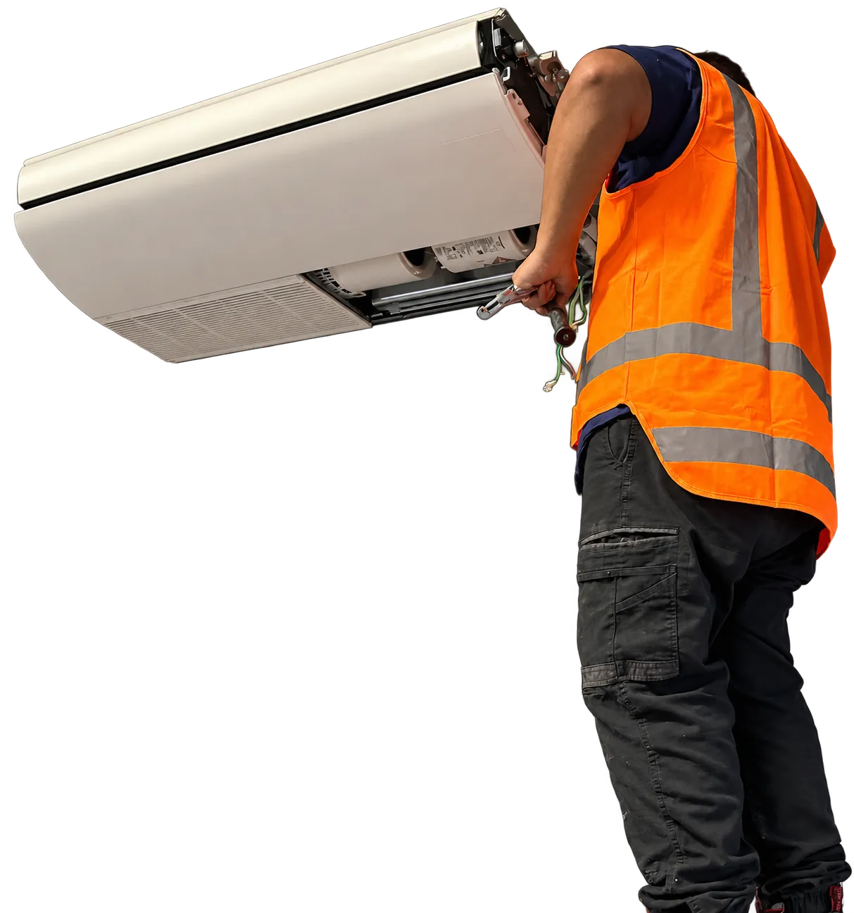 Technician servicing a ceiling-mounted air conditioning unit.