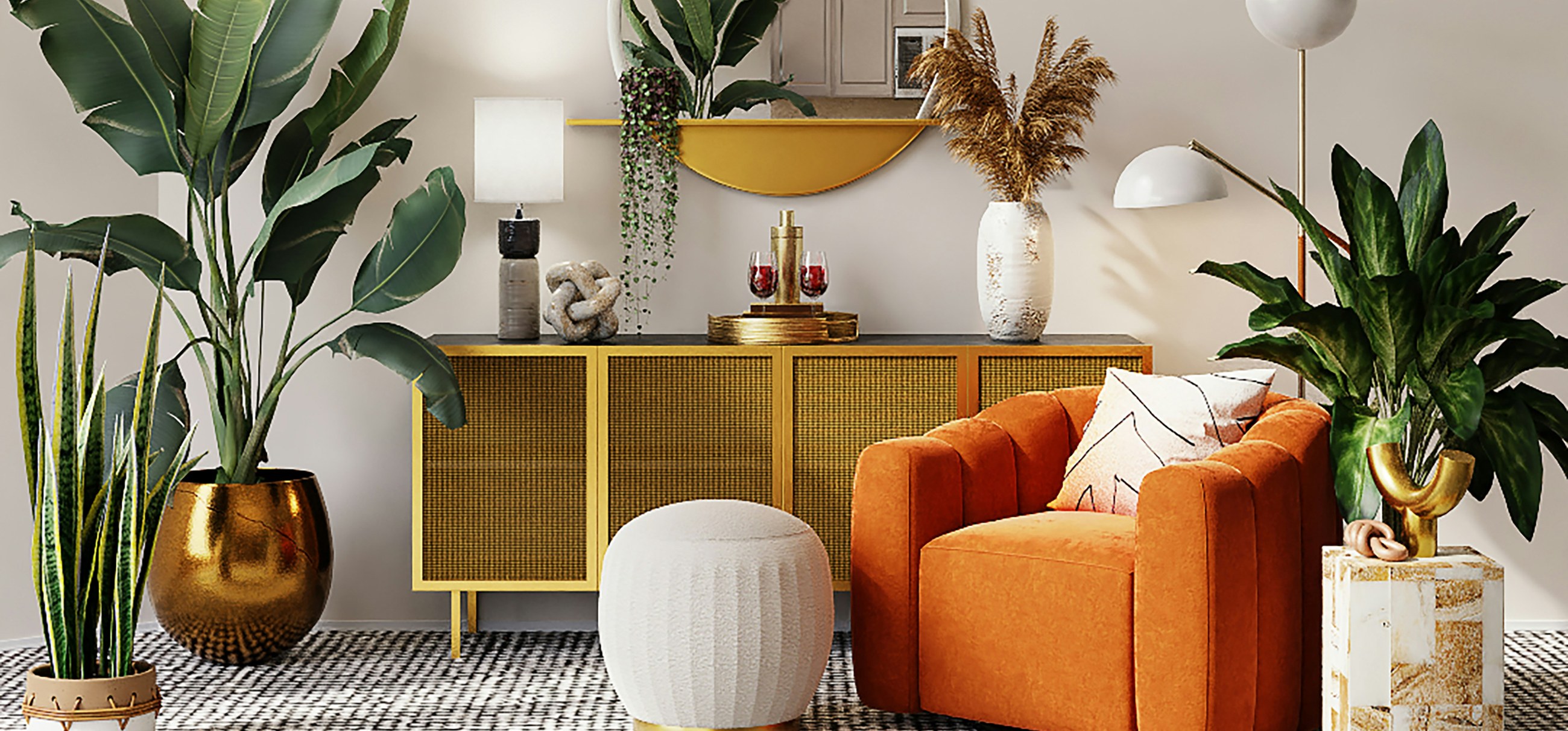 A bright living room with plants and an armchair