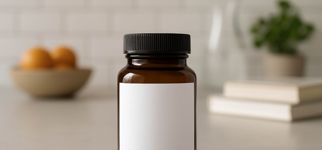 An amber supplement bottle carrying a blank white label