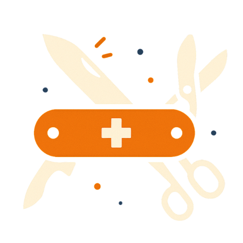 Flat-Design-Illustration eines orangefarbenen Schweizer Taschenmessers mit ausgeklappten Werkzeugen (Messer, Schere) – Symbol für einfache Integration und Multifunktionalität in der Compliance AI Benefits-Sektion.