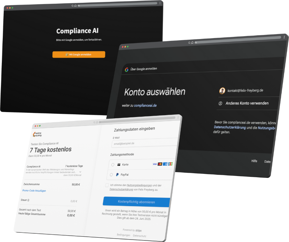 Drei Browser-Screenshots: Oben linke Ansicht zeigt die Compliance AI Login-Seite mit Google-Anmelden-Button, rechts daneben die Google-OAuth Kontoauswahl, unten ein Stripe-Checkout für ein 7-Tage-Probeabo von Compliance AI für 50 € pro Monat.