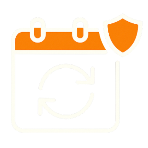 Ein Kalenderblatt mit einem sich drehenden Pfeil-Icon („Refresh“) und einem kleinen Schild-Badge (Schloss) darüber.