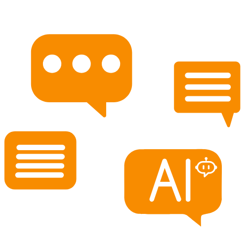 Flat-Design-Illustration mehrerer orangefarbener Chatblasen mit Pfeilverbindungen und einer hervorgehobenen Sprechblase mit ‘AI’-Symbol – visualisiert sofortige KI-Antworten im Compliance-Chat.