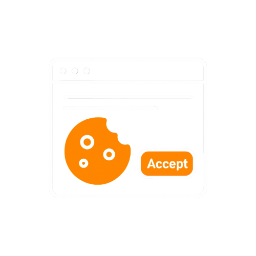 Flat-Design-Illustration eines Browser-Fensters mit Cookie-Consent-Banner: Ein gebissener Cookie und ein ‚Accept‘-Button in Orange (#f88c00) auf dunkelblauem Hintergrund, symbolisiert GDPR-konforme Cookie-Einwilligung.