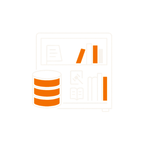Weiße Flat-Line-Illustration eines Bücherregals mit orangefarbenen und weißen Büchern sowie einem orangefarbenen Datenbank-Zylinder daneben, vor dunkelblauem Hintergrund.
