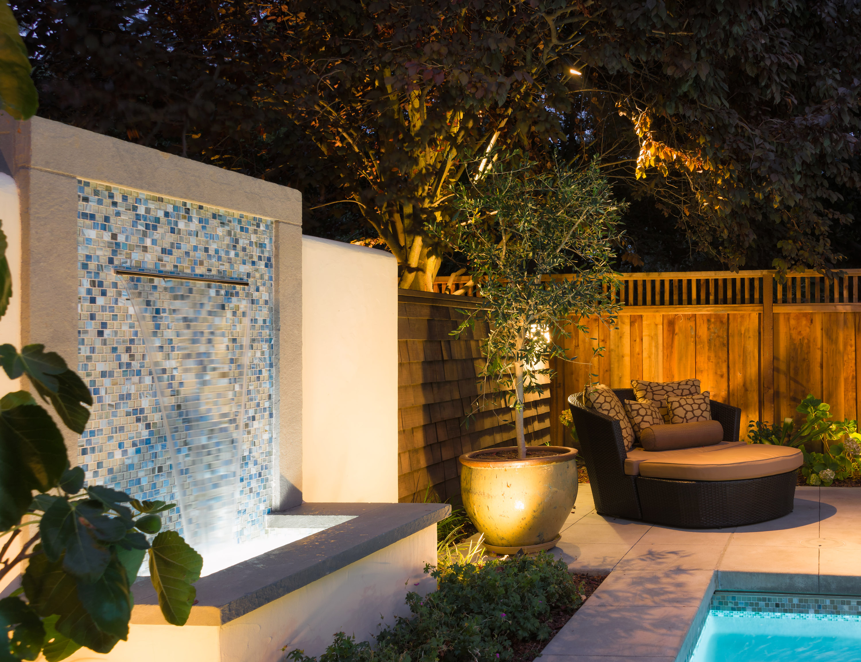 water feature and lounger