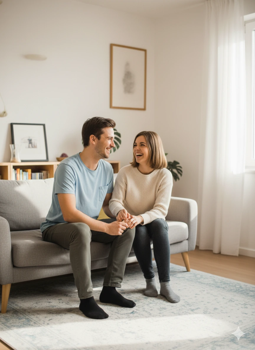 happy couple sitting in a living room