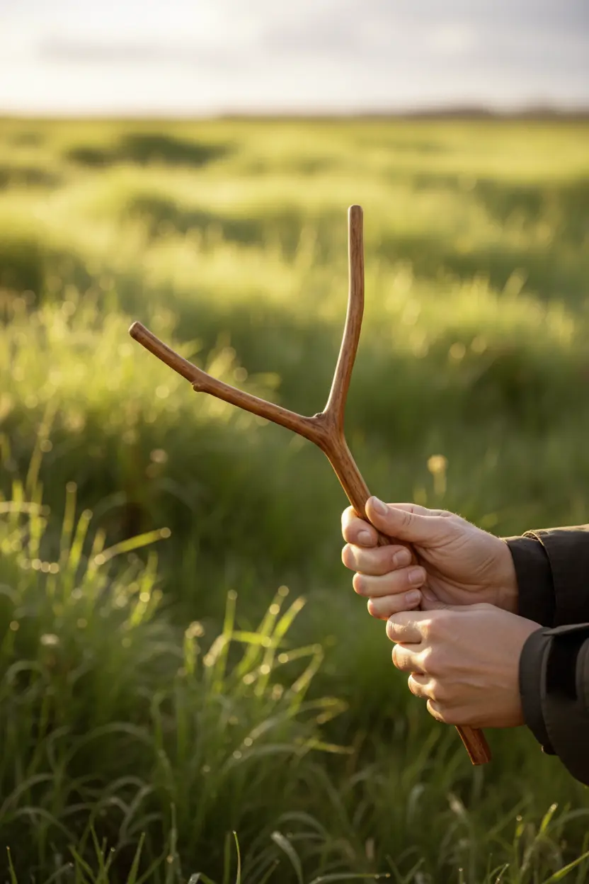 hands holding a wooden dowsing rod