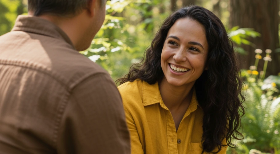 woman smiling and looking at a man, both sitting in nature