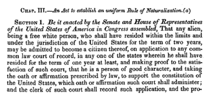 Image: Document image of the Naturalization Act of 1790 restricting citizenship to free white persons (immigrationhistory.org)