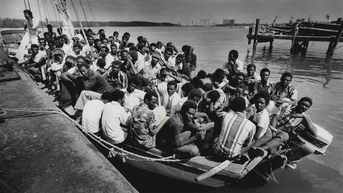 Haitian refugees on boats arriving at Florida shores during the 1980 crisis