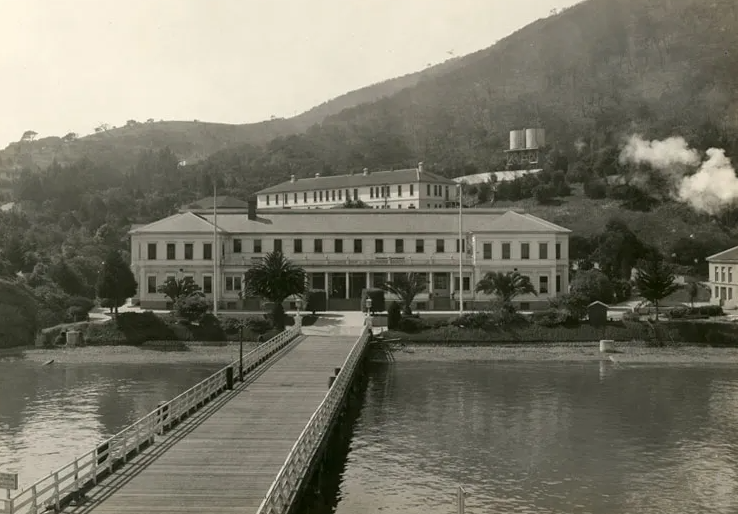 Image: Historical photograph of Angel Island Immigration Station in San Francisco Bay 1915-20 (National Archives)