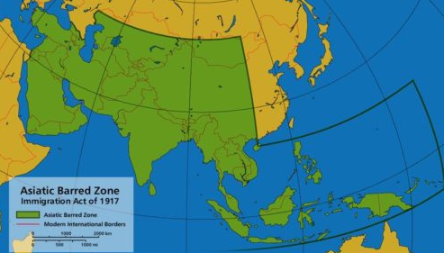 Image: Map showing the geographical area covered by the Asiatic Barred Zone immigration restriction (Wikipedia Commons)