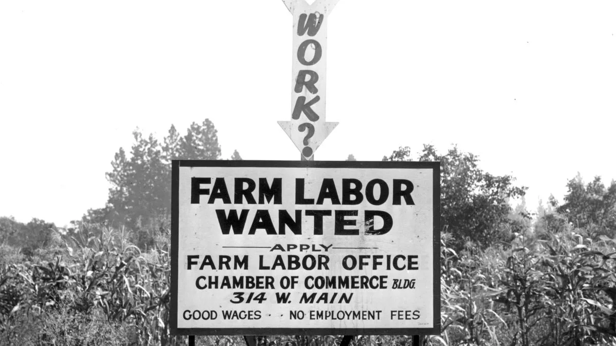 Help wanted sign used for U.S. farm labor recruitment of temporary agricultural workers