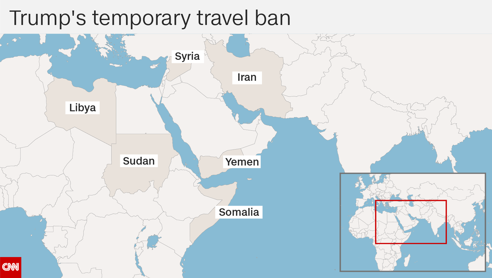 A map highlighting the 6 countries affected by the Trump administration's temporary travel ban