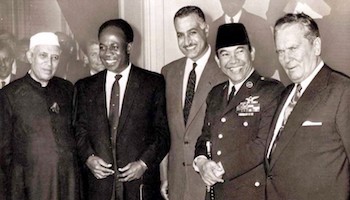 World leaders Shri Jawaharlal Nehru of India, Kwame Nkrumah of Ghana, Gamal Abdel Nasser of Egypt, Sukarno of Indonesia and Josip Broz Tito of Yugoslavia at the Bandung Conference in 1955