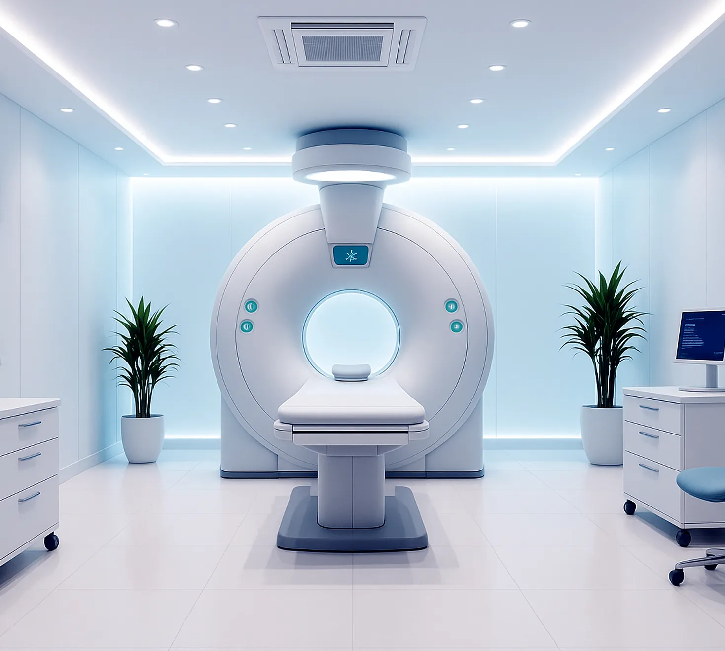 Sala moderna e iluminada para ressonância magnética, com equipamento centralizado, decoração minimalista e plantas nos cantos, transmitindo ambiente limpo e tecnológico.