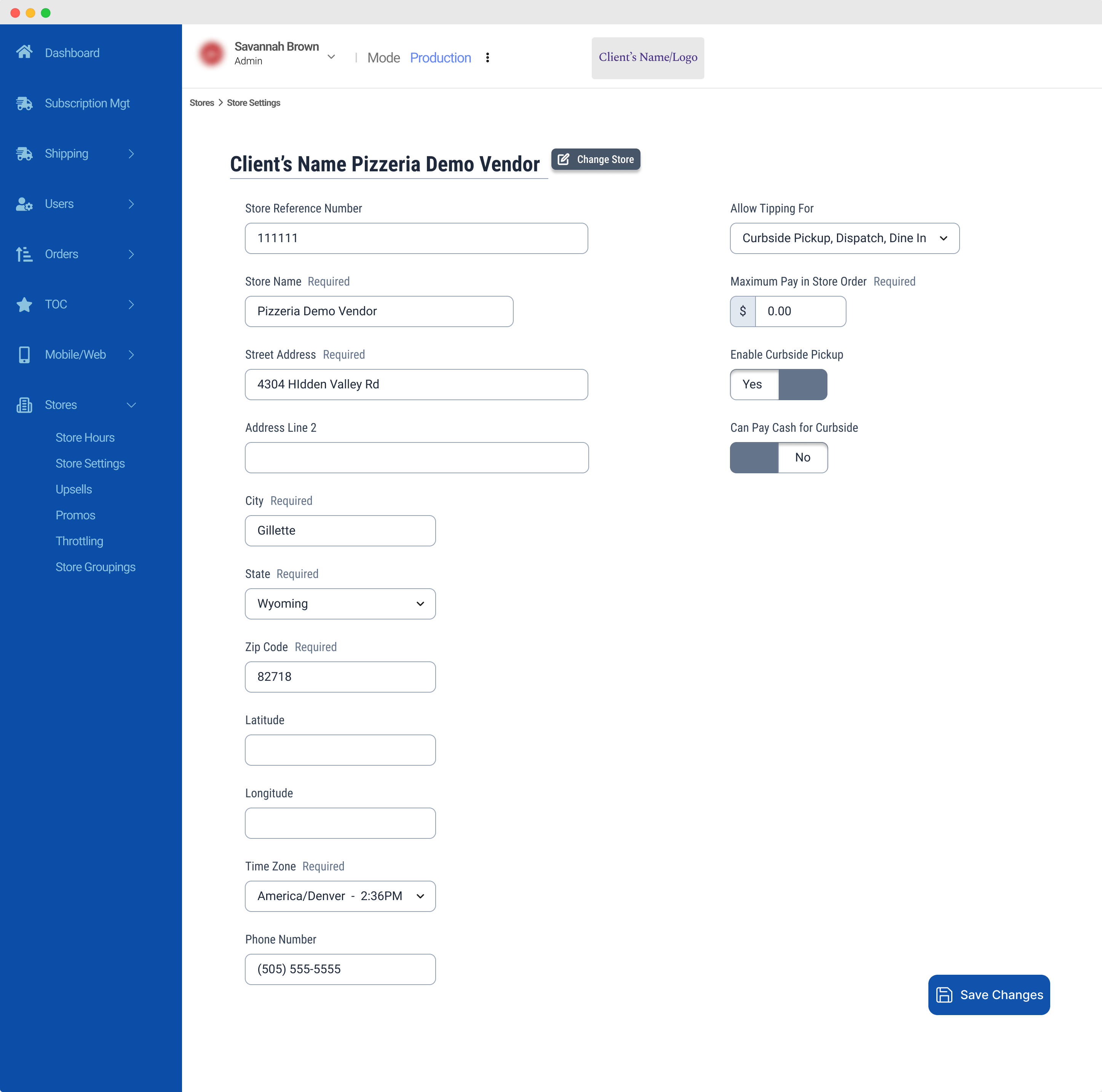 store settings screen