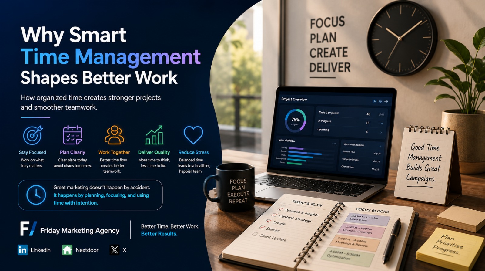 an infographic about how smart time management shapes better work, featuring key benefits, team workflow tips, and a workspace setup with a project dashboard laptop and planners.