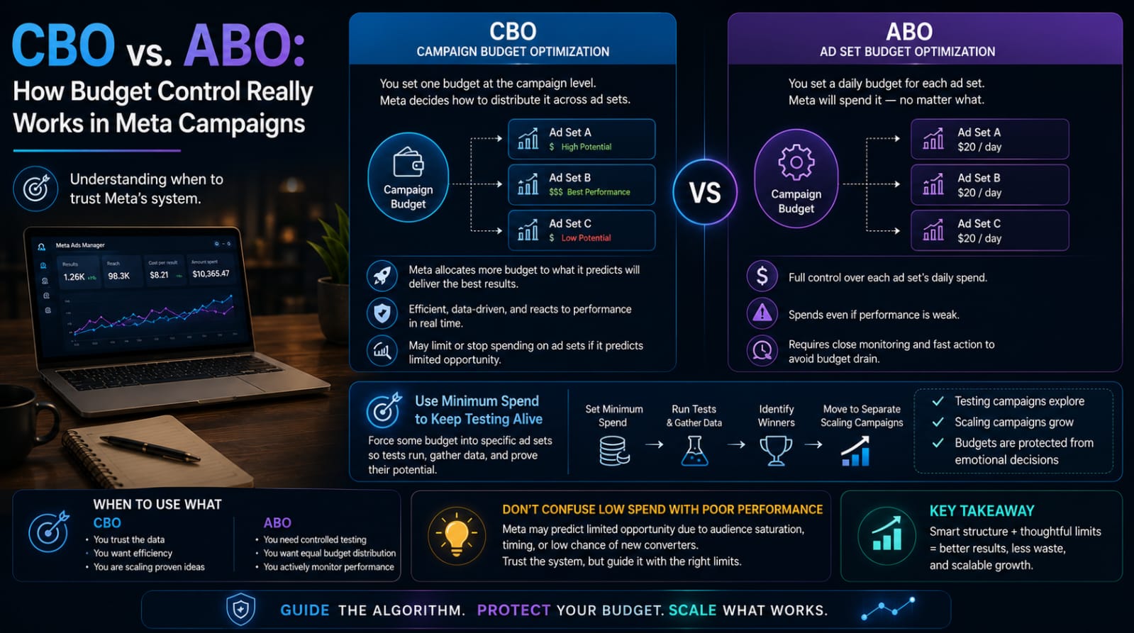 This infographic breaks down how budget control functions across Meta ad campaigns, contrasting Campaign Budget Optimization (CBO) with Ad Set Budget Optimization (ABO).