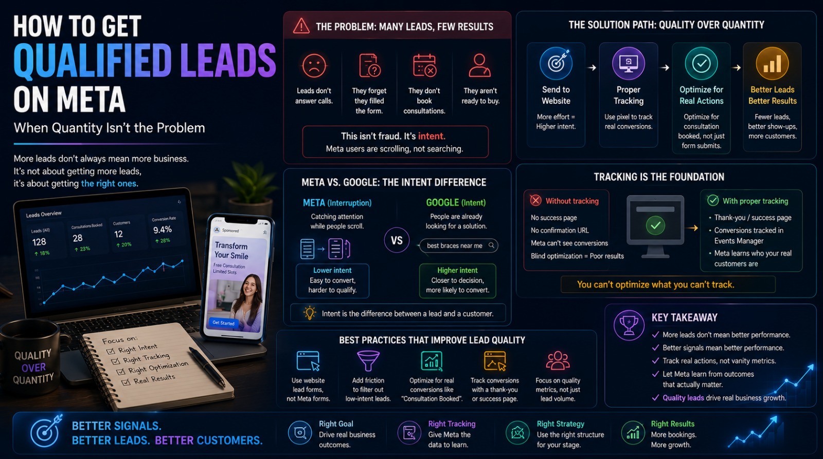 This infographic explains why generating a high volume of leads on Meta ads often fails to translate into revenue, and how shifting your optimization strategy toward high-intent actions improves lead quality.