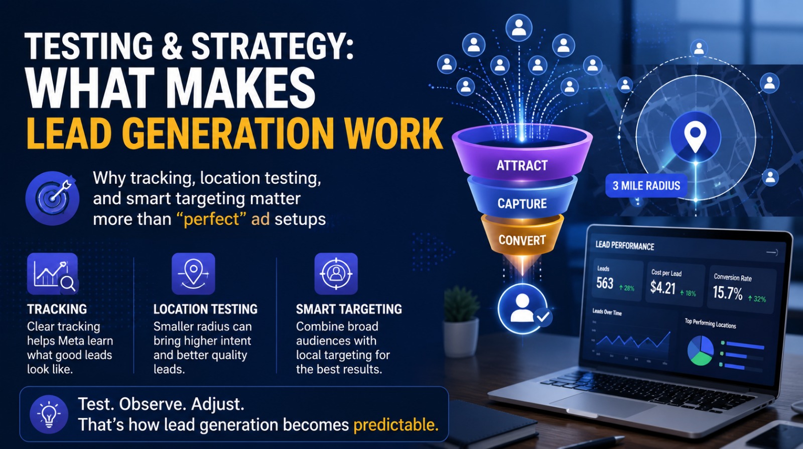 Infographic explaining testing and strategy for effective digital lead generation.