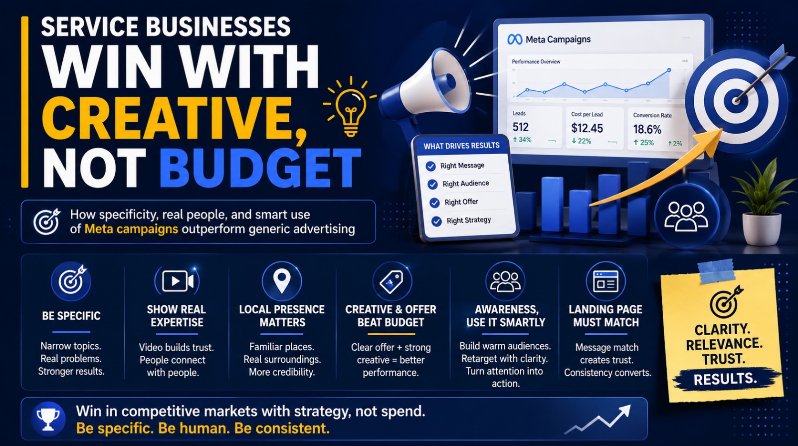 Infographic explaining how service businesses win on Meta using ad creative rather than large budgets.