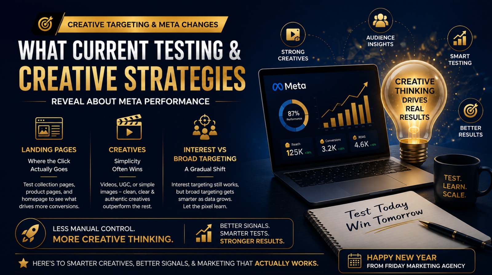 Infographic detailing current Meta testing and ad creative strategies for better campaign performance.