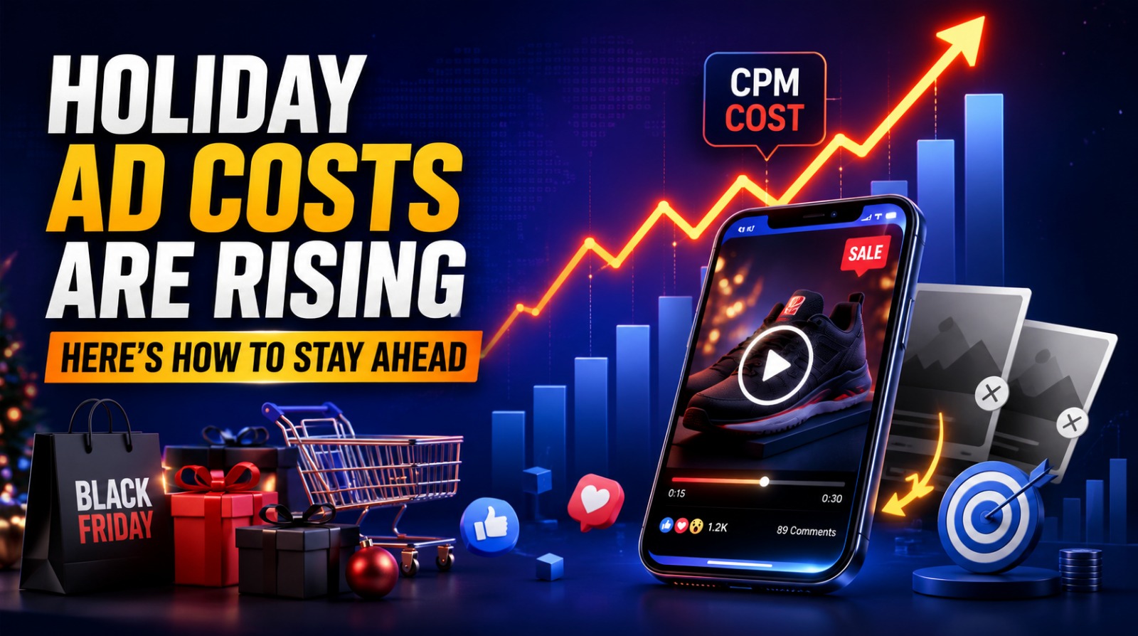 Promotional banner highlighting rising holiday ad costs and strategy solutions.