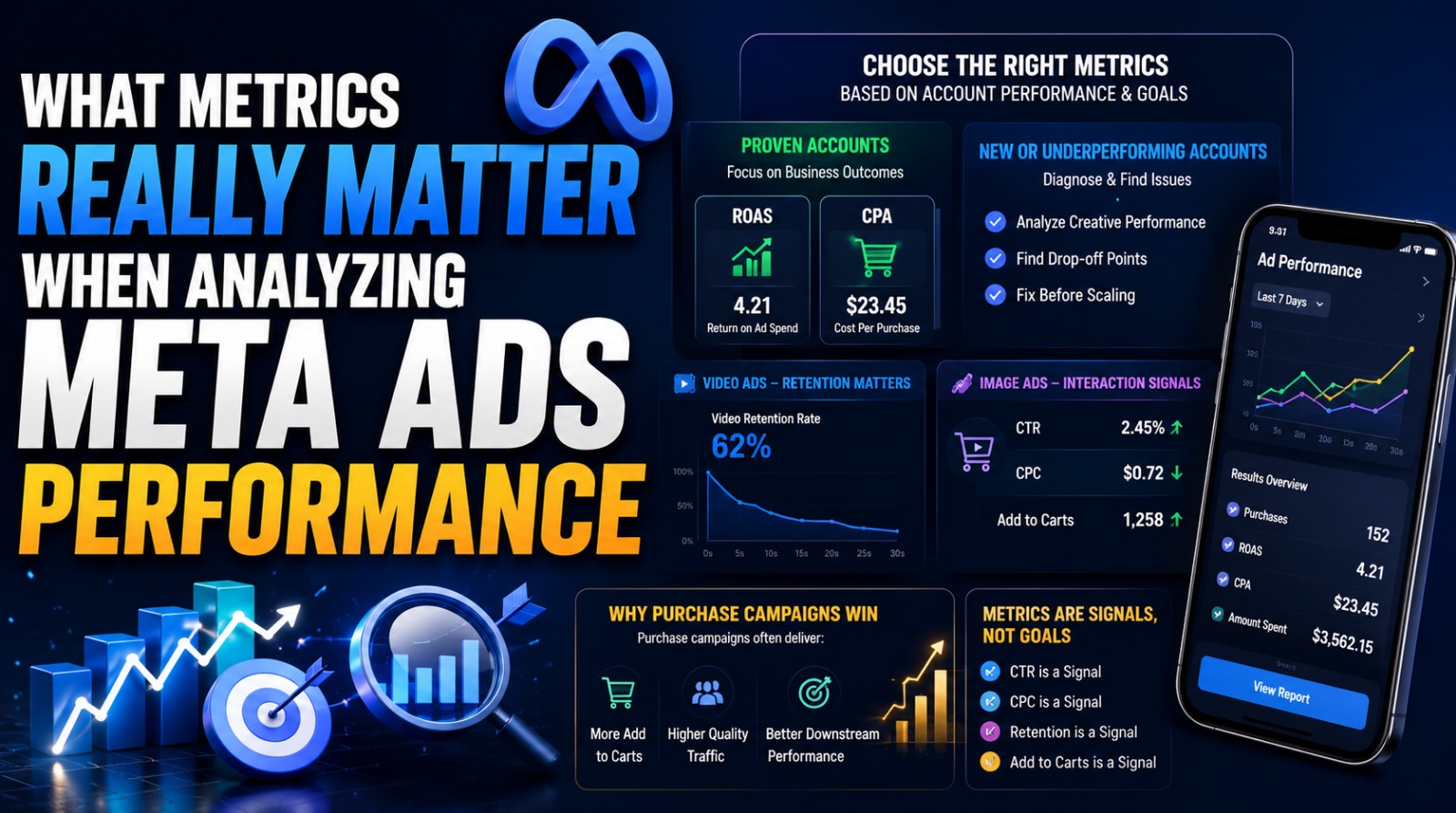 Infographic outlining key performance metrics for analyzing Meta ad campaigns.