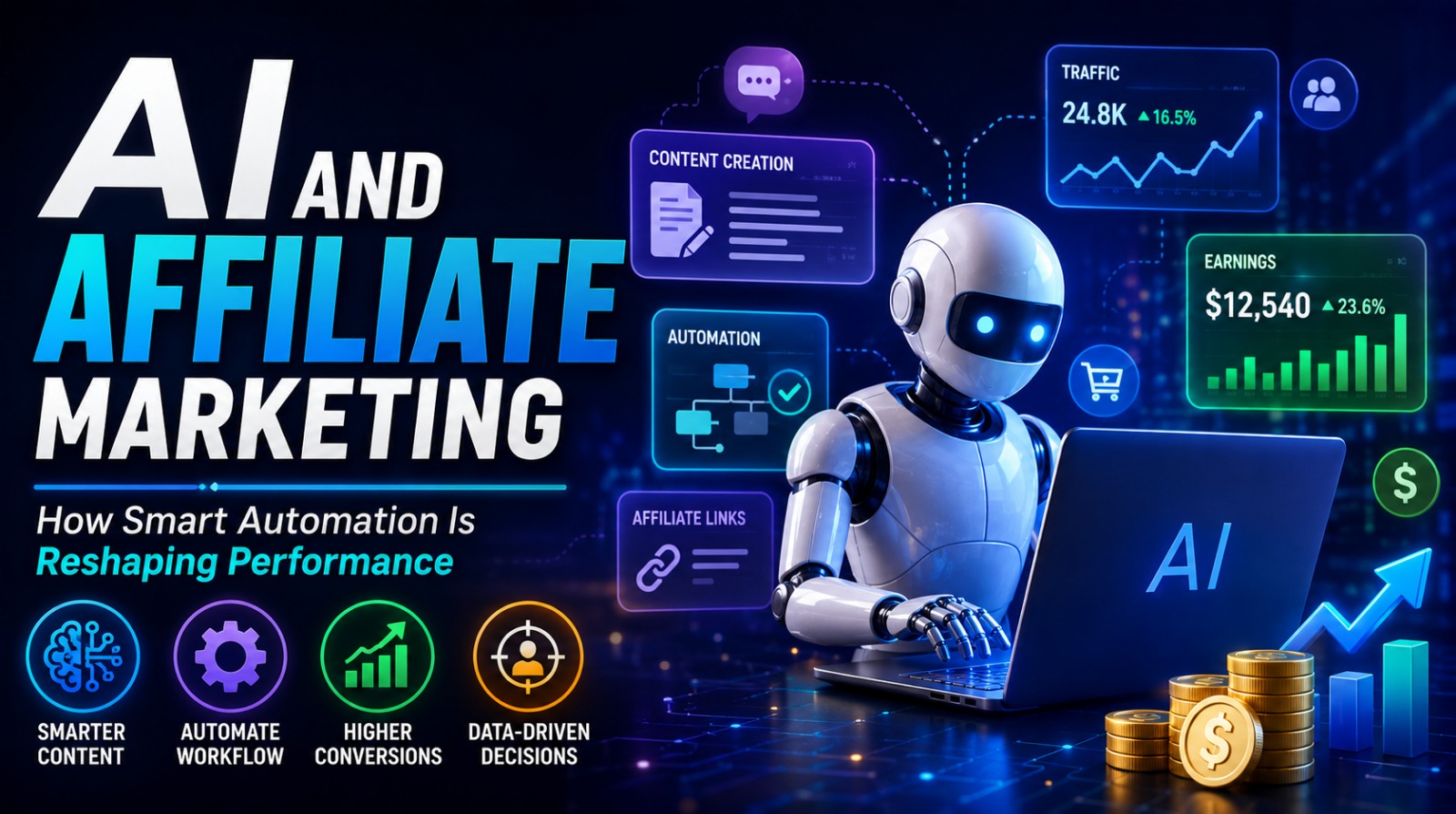 Infographic explaining how artificial intelligence and smart automation reshape affiliate marketing performance.