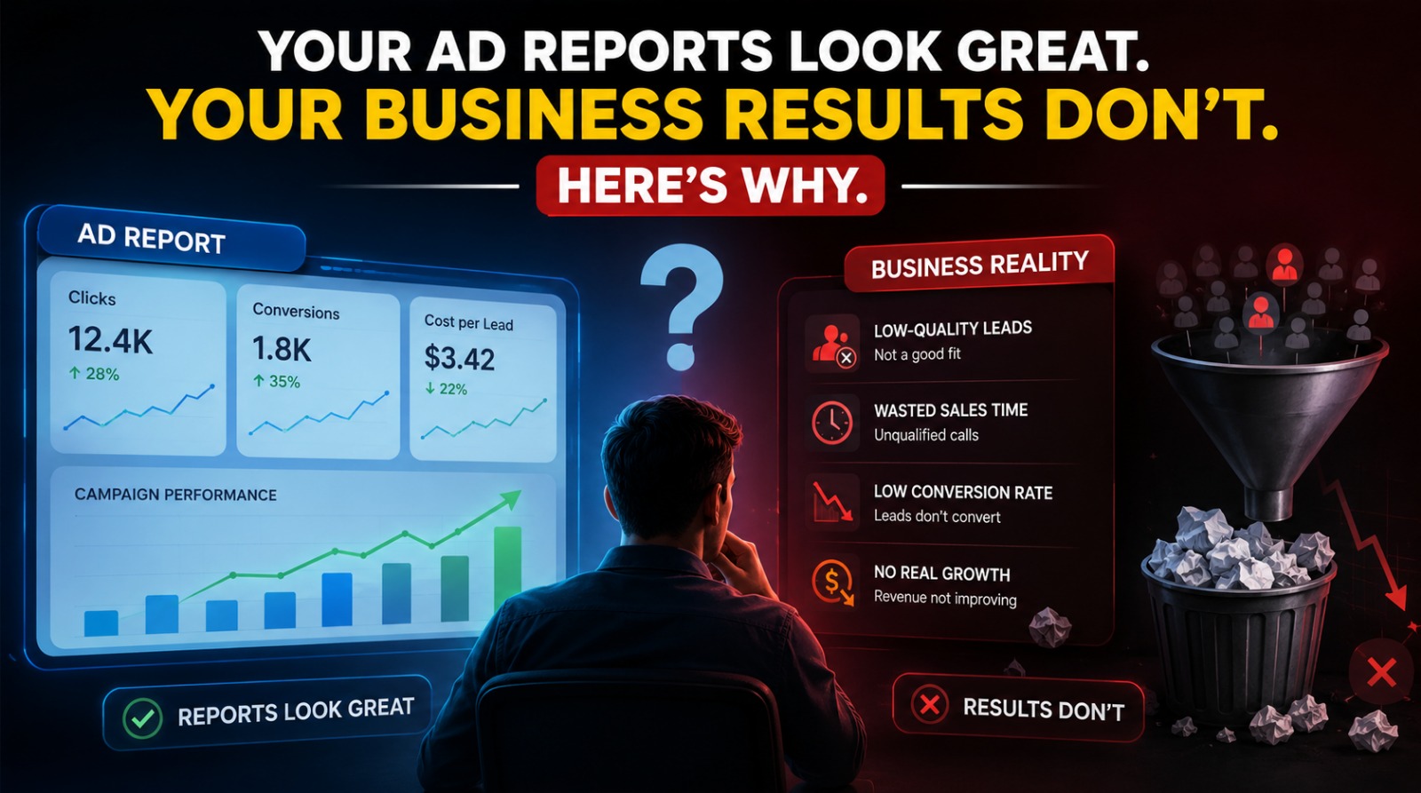 Infographic illustrating the disconnect between positive ad campaign metrics and poor actual business results.