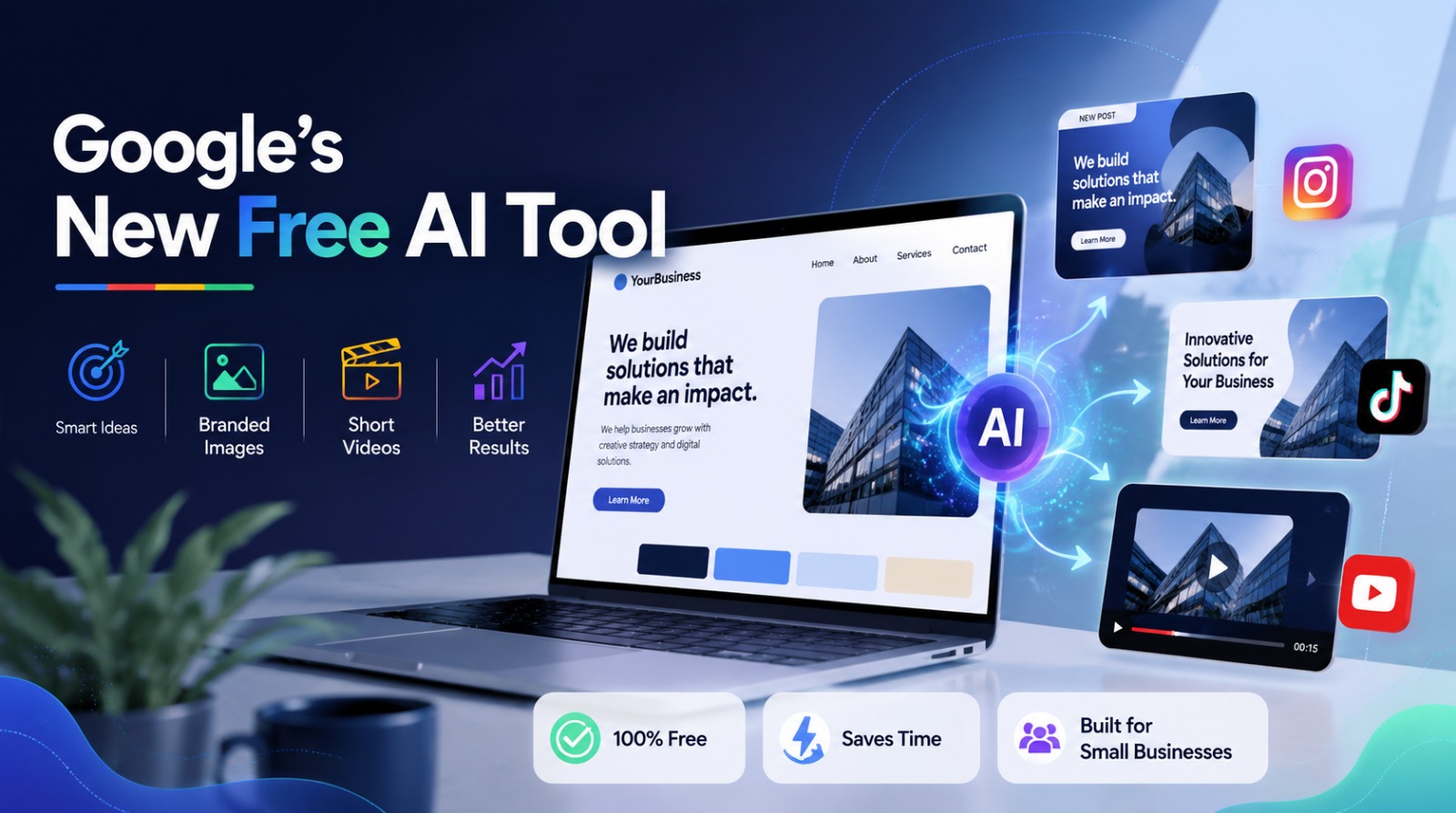 Promotional banner for Google's new free AI tool for small business content creation.