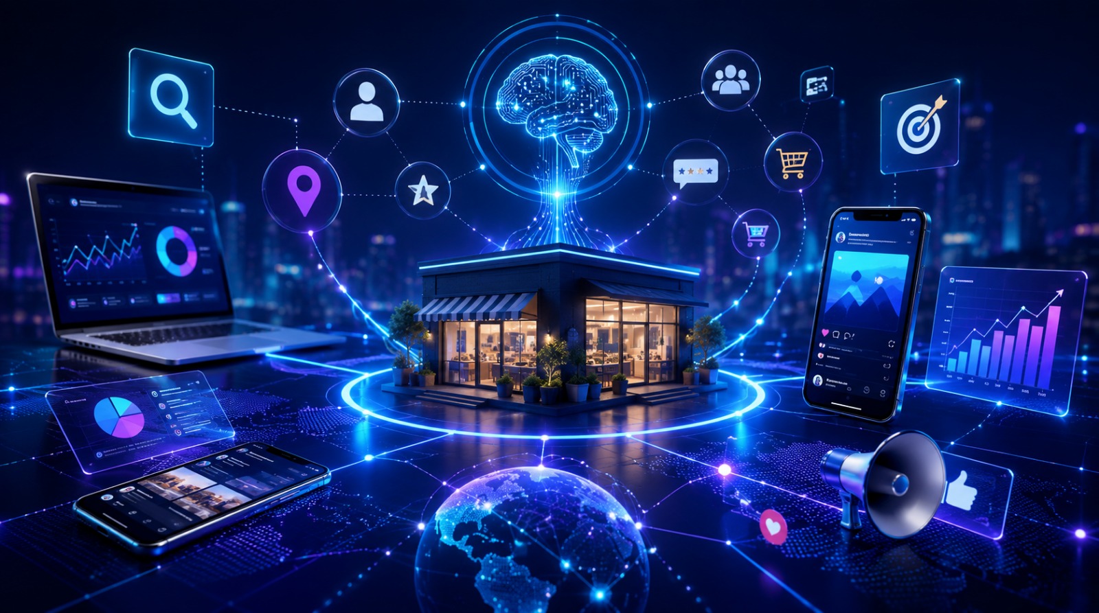 Digital graphic showing a storefront connected to AI network nodes, laptops, and mobile analytics.