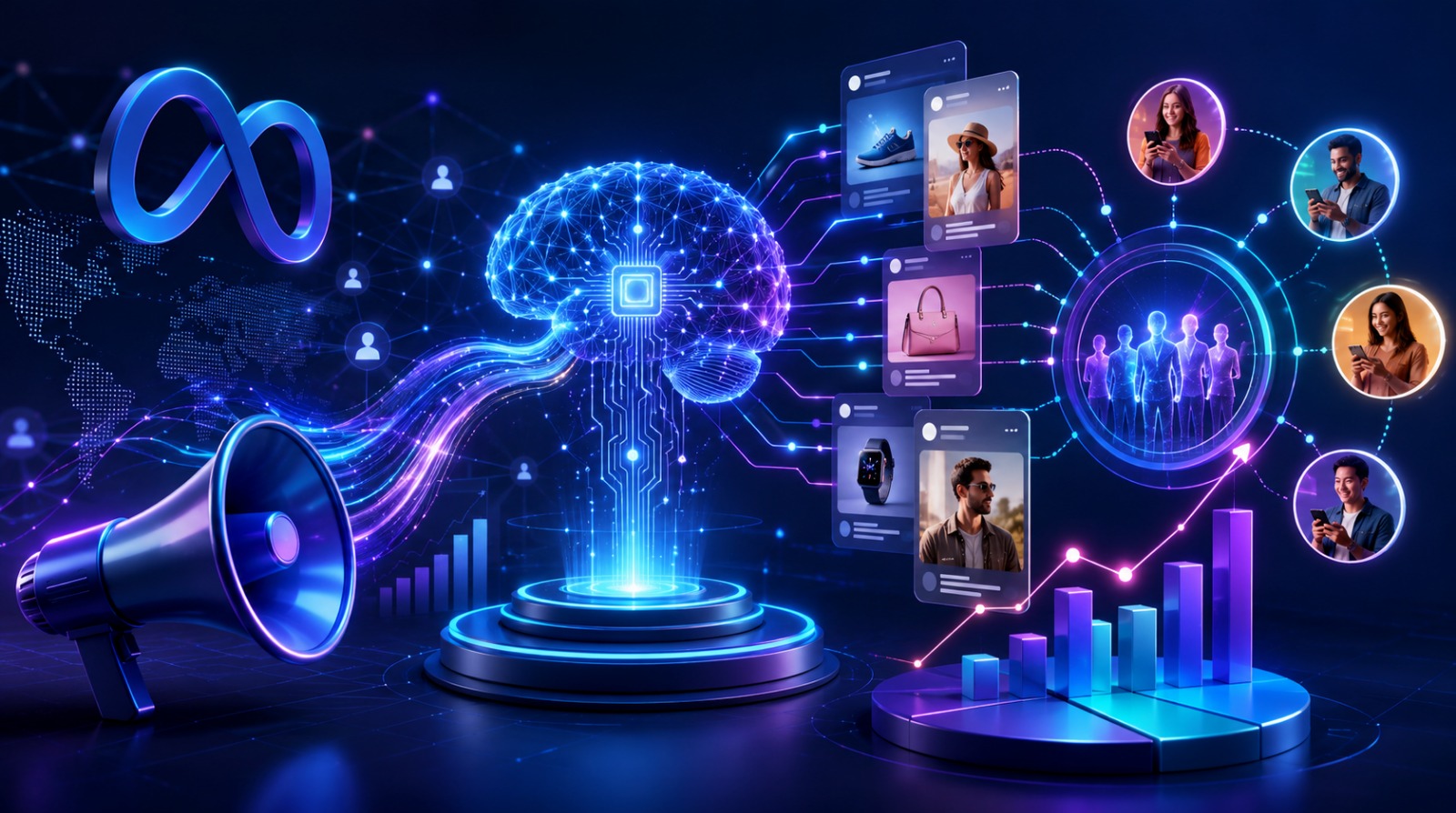 Glowing AI brain network connecting Meta branding, product ad cards, and targeted social media users.